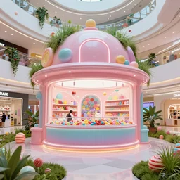 biomaterial, architecture, futuristic, neon, pastel colors, hd 8 k, digital design, detailed, abandoned, overgrown, candy shop in a mall, candies, grass