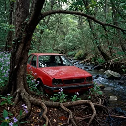 red abandoned car, overgrown in a thick forest, trees with big roots, waterlogged ground purple flowers, and a stream with sharp rocks