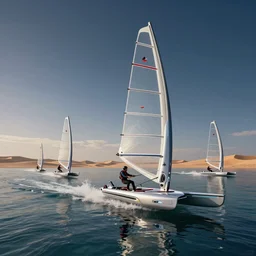 futuristic sailboats with skates racing on a flat sea of glass with the desert in the distance, futuristic explorers, fantastical expedition, exhilerating, imagination, 8 k, ultra detailed, ultra realistic, midnight, dusk