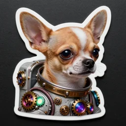 sticker art of a realistic alien chihuahua head with a steampunk astronaut suit with multicolored glowing gears and tubes and cables, crisp, trippy, fluorescent colors, insanely detailed, 3 d render, front shot, 3 5 mm