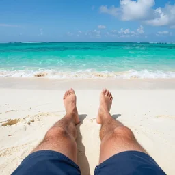 first person view from a man lounging on a beautiful tropical beach with a stunning turquoise ocean in the background. his legs stretch out in front of the camera, digital art, highly detailed, realistic, bright colors, 8 k