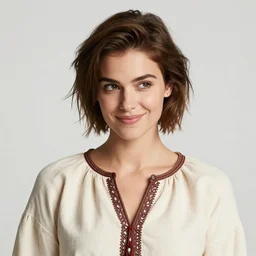 a beautiful woman, beauty, high cheek bones, half smile, mischievous, bard, brown hair, messy hairstyle, short hair, cream colored peasant shirt, brown pants, leather boots, dark green cloak, round hood, elf ears, youthful, white background, proportionate, by John Howe, single face, trending on artstation, realistic, highly detailed, masterpiece