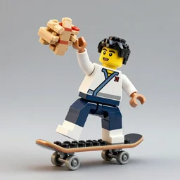 kung - fu guy heaving breakfast on a skateboard made in lego