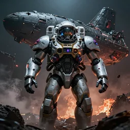 front-facing portrait of a mecha astronaut entering hell with a broken air ship, cinematic lighting, epic