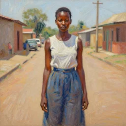 yolandi visser from die antwoord standing in a township street, portrait painting by martine johanna, pastel color palette