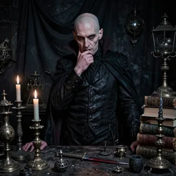 night portrait f / 1. 4 of a neurotic forty two year old british man vampire feeling confidant in a cluttered dark workshop full of ancient artifacts ( ( ( bald ) ) ) dark dusty candlesticks drapery ritual bloody knife books atmospheric hdr