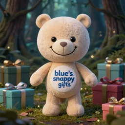blue'snappy gifts'logo plush doll with smiley face in magical forest, gifts, dark atmosphere, high detail, soft lighting, 8 k