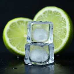 a portrait of an ice cube next to a lime-slice, dark background, intense, incredibly detailed, studio, 85mm Sigma Art lens