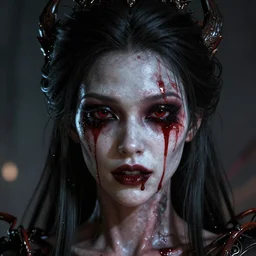 beautiful headshot of the psychotic nightmare queen, bleeding eyes, melting features, black sclera, realistic render, unreal engine, cgsociety, trending on deviantart, cinematic lighting, highly detailed