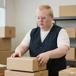 hyperrealistic photo of a pale white overweight amazon androgynous employee sorting packages, wearing a vest, wearing clear square glasses