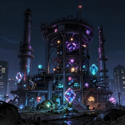 industrial architecture by denis sarazhin, tron cosmic at night alien gem vice city reclaimed by nature hyperrealism postcyberpunk anime uv light, archdaily, wallpaper, highly detailed, trending on artstation.