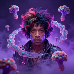 A Weirdcore Mesmerizing 8k hyperrealistic portrait of cyberpunk Jimi Hendrix with neon hair, floating in spirals of iridescent mycelum, surrounded by purple haze, by Ayami Kojima, Daytoner, Greg Tocchini, James Jean,Yoshitaka Amano