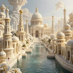 byzantine canal city, ivory, exquisite, volumetric lighting, 8 k octane beautifully detailed render, post - processing, extremely hyper - detailed, intricate, epic composition, cinematic lighting, masterpiece, trending on artstation, stunning art by caravaggio, by bakshi, beautiful cinematic light