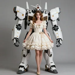 southern belle in a frilly dress, standing in an open mech suit