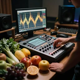film still of fresh fruits and vegetables with arms and legs making beats in the studio on an mpc
