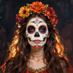 Illustration of a sugar skull day of the dead girl, art by edward hopper