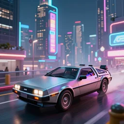 point perspective illustration, neon city photorealistic render unreal engine 5, delorean hovers in the foreground