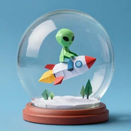 an alien riding a rocket ship to outerspace inside a snowglobe, papercraft, oragami