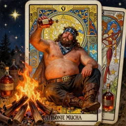 a dramatic, epic, ethereal painting ((((((tarot card)))))) of a !!!handsome!!! thicc chunky beefy mischievous shirtless with a big beer belly wearing a large belt and bandana offering a whiskey bottle | he is a cowboy short beard relaxing by a campfire | background is a late night with food and jugs of whisky | homoerotic, rugged | stars, tarot card, art deco, art nouveau, mosaic, intricate | by Mark Maggiori (((and Alphonse Mucha))) | trending on artstation