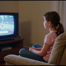 Home video footage, A girl sitting on the sofa watching TV, The TV is on the left side. The girl is on the right. Color VHS picture quality with mixed noise, Filmed by dad.