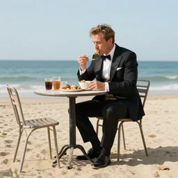 a man in a fancy suit on a beach eating on a small round table alone, greg rutkowski, hyperdetailed, hyperrealistic, 4 k, deviantart, artstation, professional photography, concept art, art by notchalla