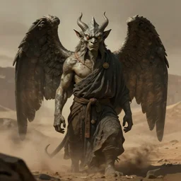 a portrait of a gargoyle monk warrior with small horns and large wings in the style of bayard wu, trending on artstation, desert background, shadowy, chaotic undertones, high detail 8 k