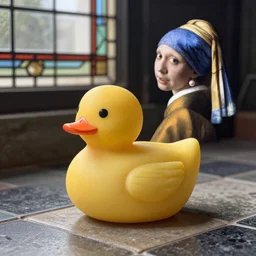 rubber ducky in the style of Vermeer, tiled floor, stained glass window, pearl earring