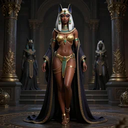 full length complex 3 d hyper realistic smooth ultra sharp render of a gorgeous light skinned african woman with white hair | bikini, chains, robes | demoness, succubus, witch, egyptian goddess, feline features, bakeneko, goddess of beauty | medieval, fantasy, d & d, unholy | intricate, highly detailed, octane render, photorealistic, cinematic | art by 吵 集 仁 儿 on artstation + oh jinwook + sakimichan