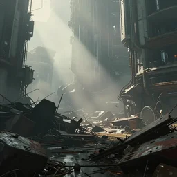 futuristic cyberpunk scrapyard in the mist photorealistic dramatic