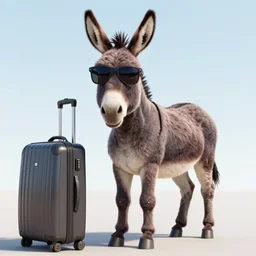 donkey wearing sunglasses standing next to a travel suitcase, digital art, render, amazing detail, artstation