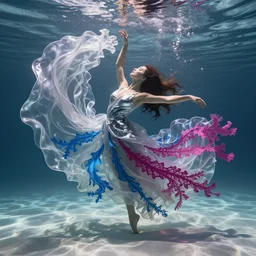 large swirling silver translucent shapes in front of a beautiful woman dancing underwater wearing a very long flowing dress made of many translucent layers of silver and blue and magenta lace seaweed, caustics lighting from above shines on the sandy bottom, bubbles flicker, octane render, cinematic, hyperdetailed