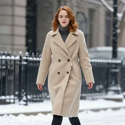 emma stone in beige coat, portrait, walking in winter new york, snow, artwork by gaston bussiere, craig mullins, trending on artstation