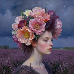 closeup, giant flowers head mohawk, a woman in a heather field, surreal photography, starlight, storm clouds, impressionist painting, digital painting, artstation, simon stalenhag
