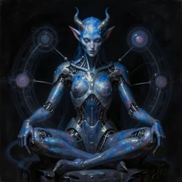 neoclassicist renaissance wide angle portrait of intelligent blue demon seated, with cyber body shiny metal implants interface connected to singularity. iridescent textures. black background. highly detailed fantasy science fiction painting by chris cunningham and vrubel. dark and volumetric. trending on artstation