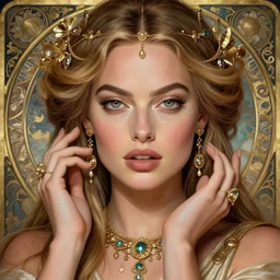 Margot Robbie as a Greek Goddess, beautiful detailed eyes, beautiful hands, cute, fantasy, intricate, elegant, highly detailed, digital painting, 4k, HDR, concept art, detailed jewelry, smooth, sharp focus, illustration, art by Artgerm, H R Giger and Alphonse Mucha
