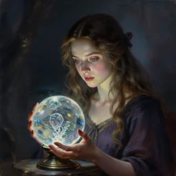 a beautiful young witch with a crystal ball, painted by artgerm and tom bagshaw, fantasy art, dramatic lighting, highly detailed oil painting, volumetric lighting