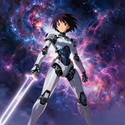 makoto shinkai. robotic android girl. futuristic cyberpunk. dystopia. vibrant nebula sky.............................................................. light sword