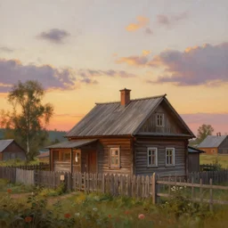 beautiful painting of house in russian village during sunset, wide shot, digital painting, intricate details, trending on artstation, concept art, octane render, realistic, highly detailed, smooth, sharp focus, beautiful, 4 k, 8 k, hd, art by charlie bowater and artgerm and greg rutkowski