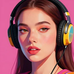 a close up of a female face with headphones and retro colours, synthwave style, 2d digital vector art