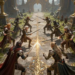 fantasy sci - fi characters fight on a medieval road, elfs, action scene, 8 k, lumen reflections, sharp, incredibly detailed and intricate, hypermaximal, elegant, ornate, hyper realistic, super detailed, digital art