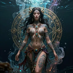 a centered full body render of an alluring goddess festival hippy with tribal tattoos surrounded by a underwater ink pour and flowing liquid gallium and sacred geometry, perfect body and face, gorgeous, cinematic, beautifully lit, by miho hirano, by karol bak, by donato giancola, 3 d, trending on artstation, octane render, 8 k