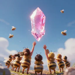 people trying to reach a pink crytsall in the sky, beeple, artstation, detailed, digital art