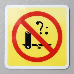 a pictographic sign warning people not to swallow batteries