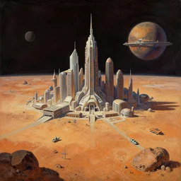 a science fiction painting from 1 9 6 4 of a futuristic city on mars, illustration