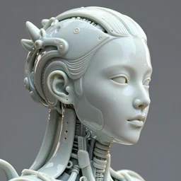 complex 3 d render, hyper detailed, ultrasharp, beautiful biomechanical female cyborg portrait with a porcelain profile face, natural soft rim light, headdress made of flowers, white mecha, headdress made of daisies, cyberpunk brackets, mushrooms, puffballs, corals, rhizomorphs, iris van herpen, octane highly render, 4 k,