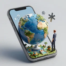 a mobile phone, from the screen a world is popping in 4 d, 4 d, detailed and intricate 4 5 degree isometric cross john berkey and vincent di fate and ralph mcquarrie abd maurits cornelis