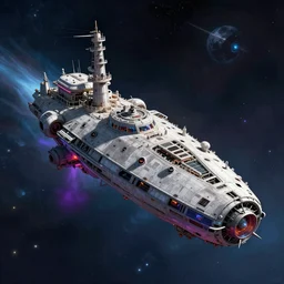 lone industrial!!! spaceship!!, deep space exploration!!!, flying, ridley scott universe, the final frontier, illustrative!!, punk, painterly, hyperdetailed, hyperrealistic, utilitarian cargo ship, cinematic lighting, 4k, wide angle, beksinski, (neon colors)
