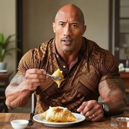 dwayne johnson as indonesian wearing batik eating bakso