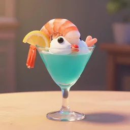 a cute, anthropomorphic shrimp cocktail pouting becasue it remains uneaten. satire, pixar