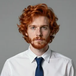 A man with ginger wavy hair in a emo style with a beard and wearing a white collared shirt with a blue tie, portrait, 4k resolution, 8k resolution, HD Quality, highly detailed, very detailed, detailed, studio quality lighting, digital art, trending on art station
